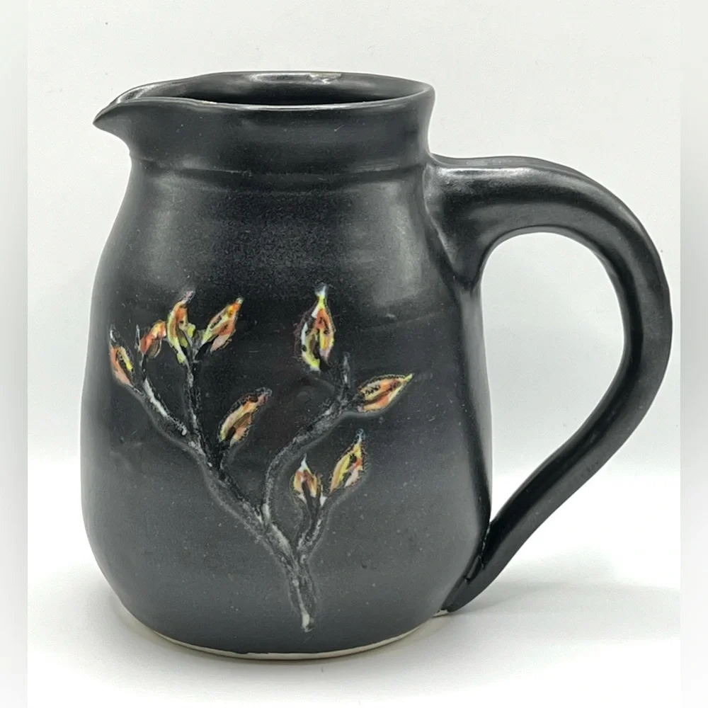 Studio Art Pottery Ceramic Black Pitcher Floral Design Heavy Decorative Vase 5.5